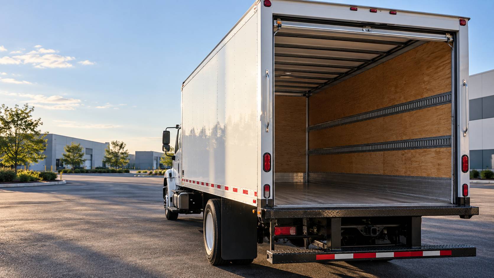 Open rear cargo area of an empty box truck parked outside warehouses