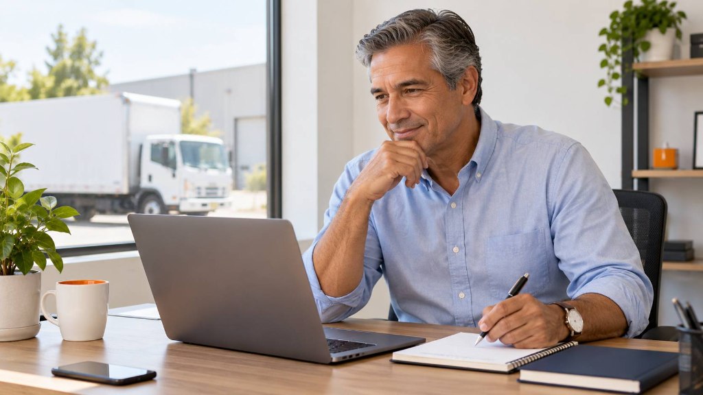 Man in a light blue shirt reviewing paperwork at a laptop with a box truck visible outside