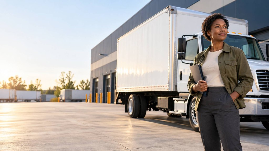 Woman in an olive jacket holding a folder beside a white box truck