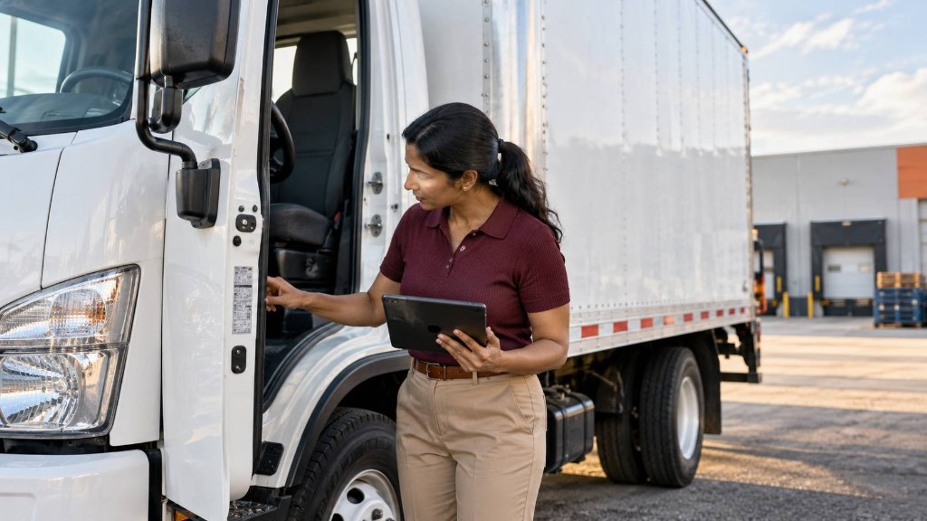 Woman in a burgundy shirt checking the door-jamb details of a white box truck while holding a tablet