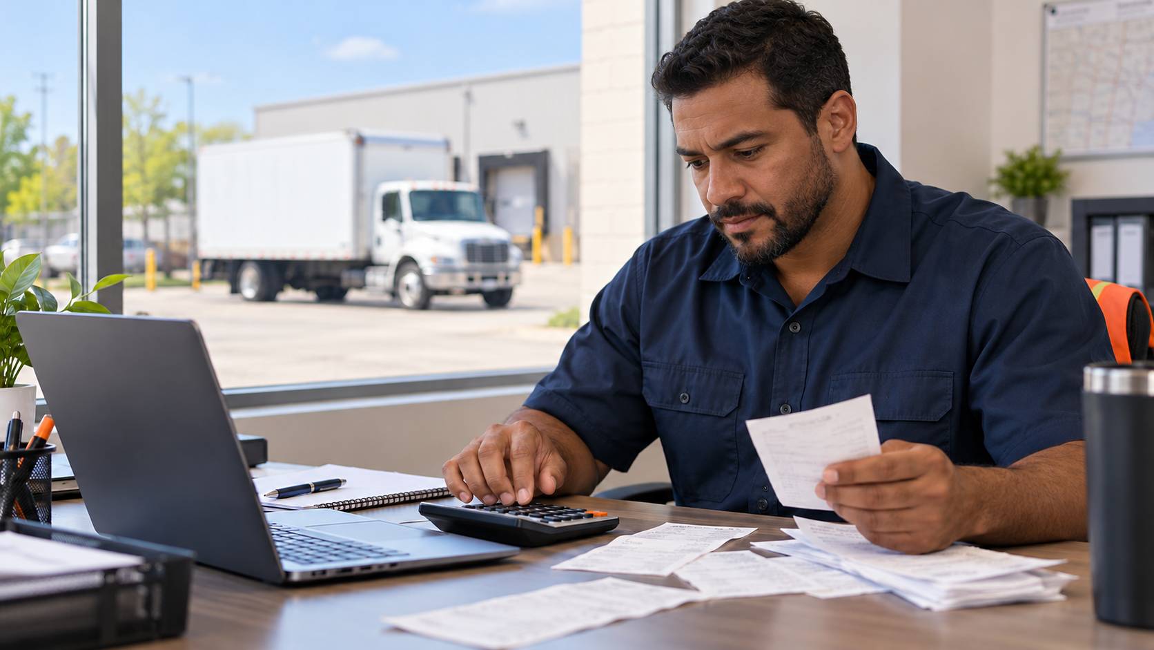 Man reviewing receipts and calculating expenses at a desk with a box truck outside