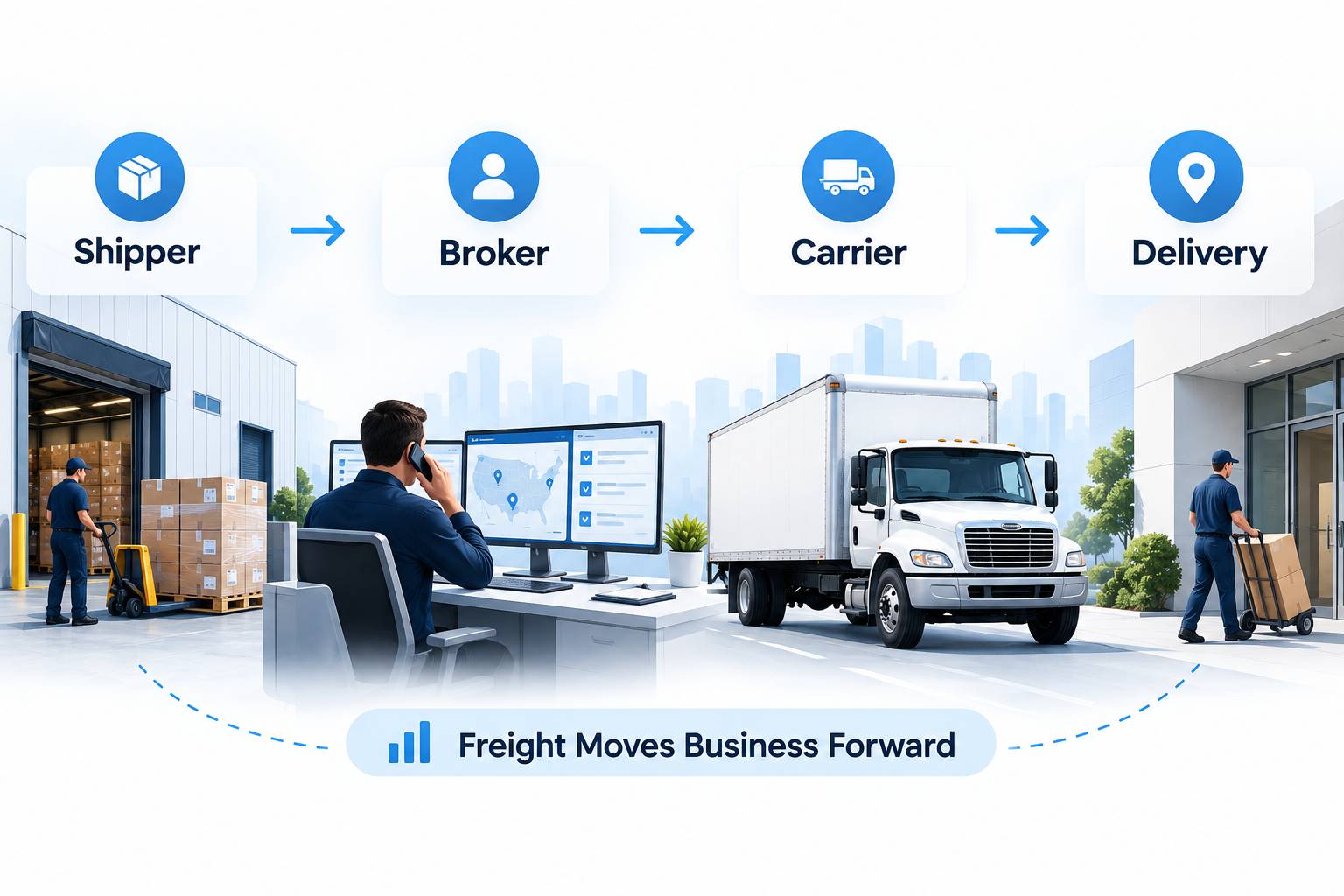 Diagram showing freight moving from shipper to broker to carrier to delivery