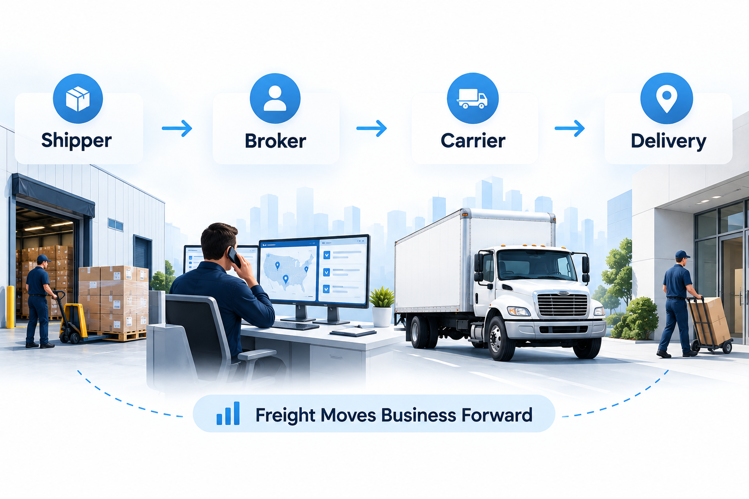 Diagram showing freight moving from shipper to broker to carrier to delivery