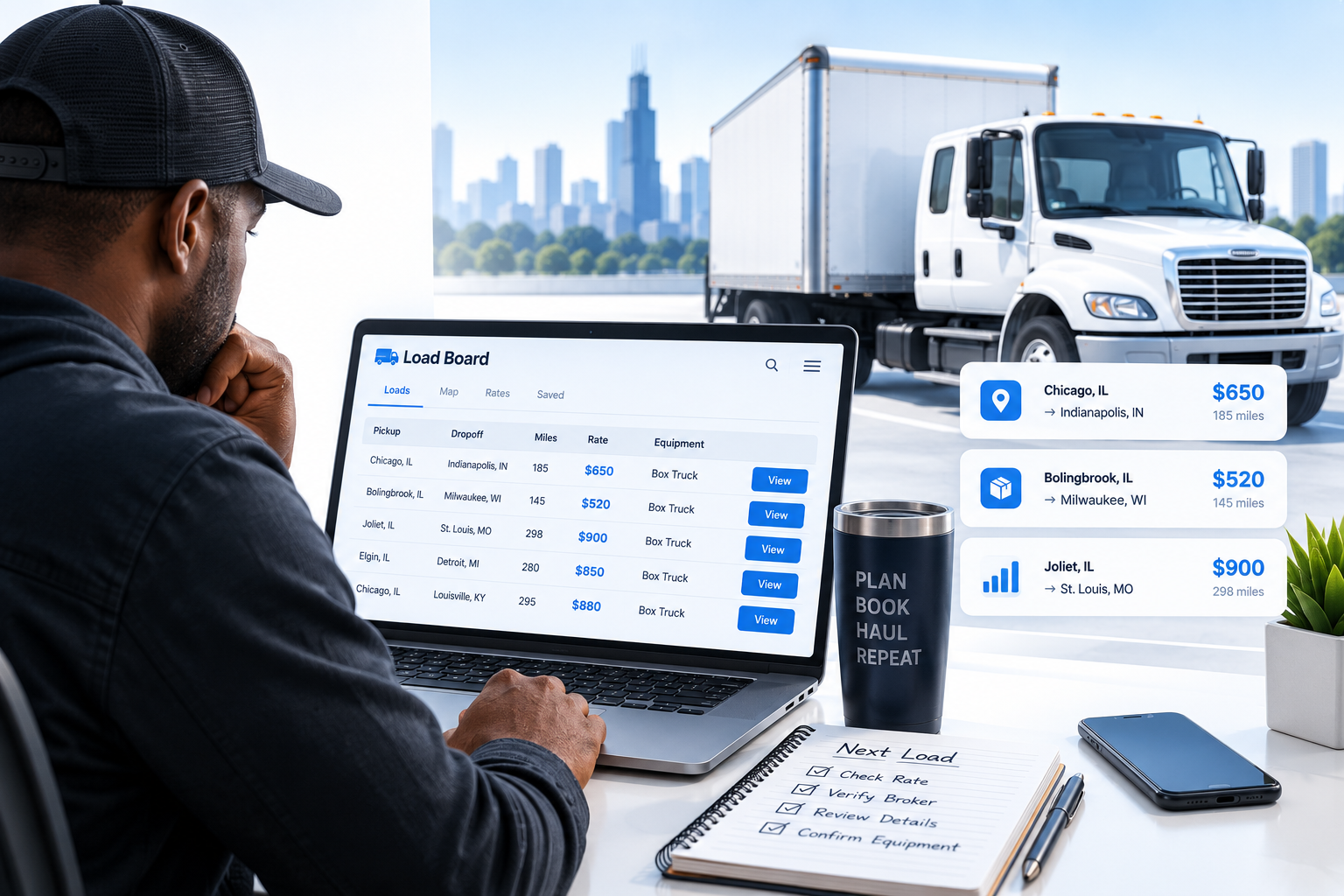 Box truck load-board interface displaying freight opportunities and route information