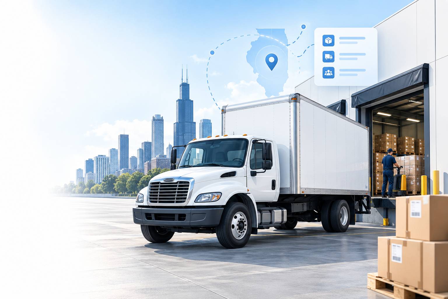 Box truck at a Chicago warehouse with freight opportunities and Illinois route markers