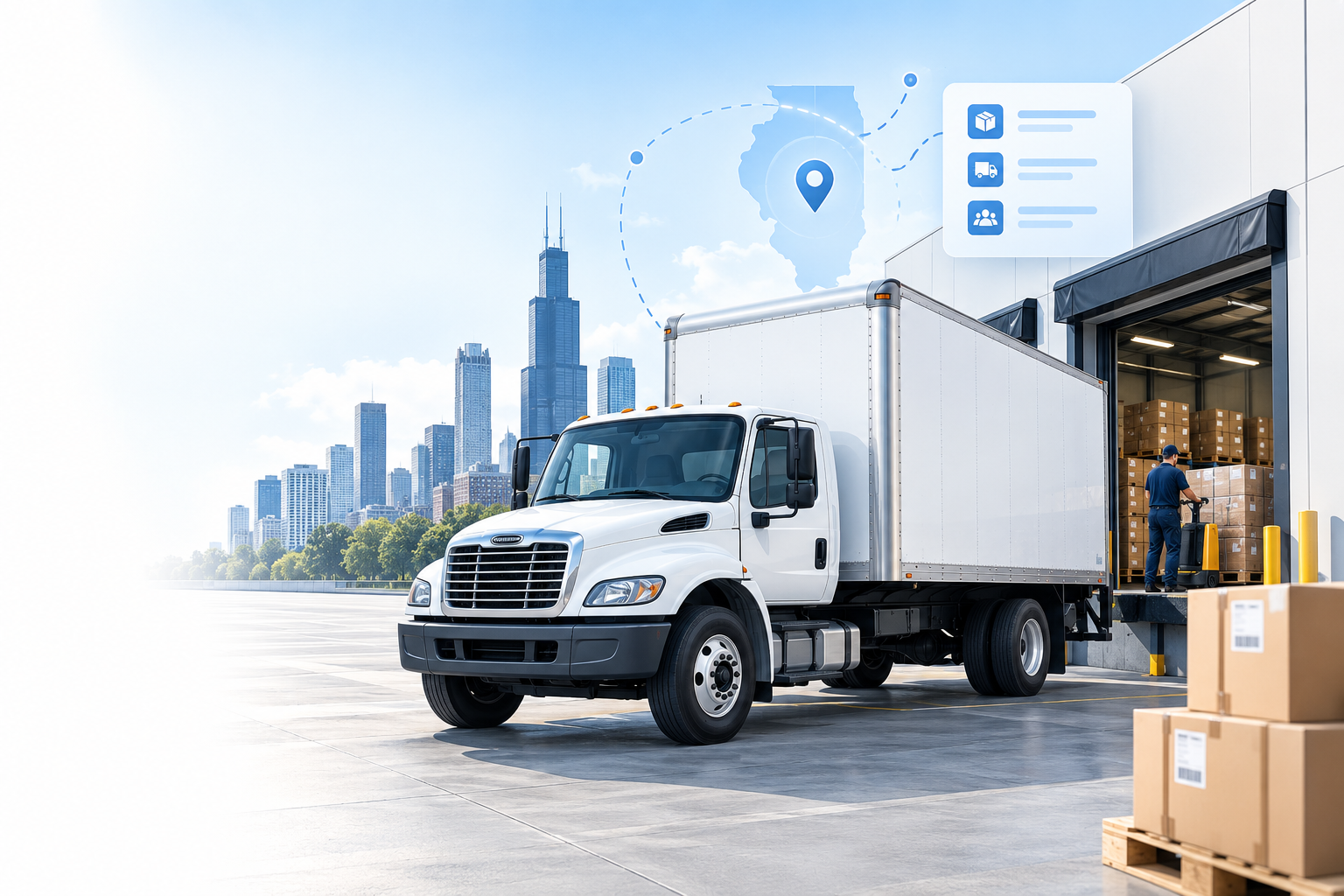 Box truck at a Chicago warehouse with freight opportunities and Illinois route markers
