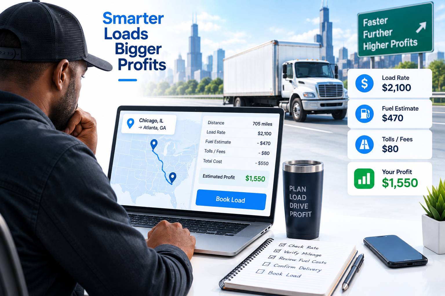 Box truck profitability illustration with route and financial decision markers
