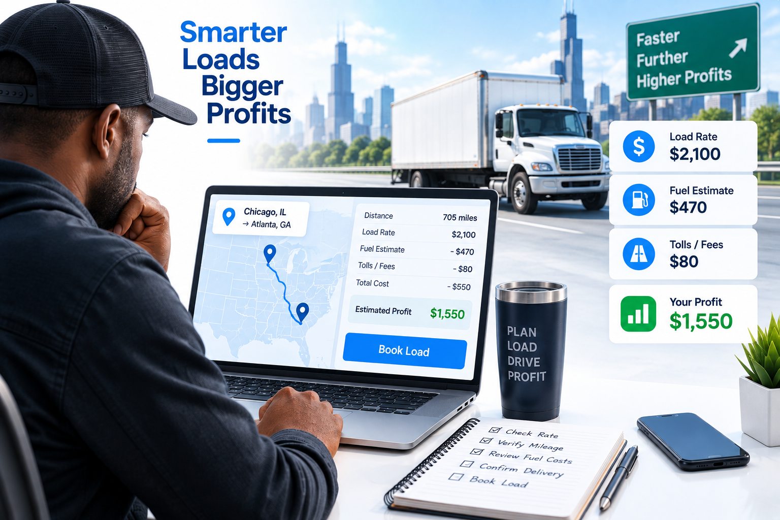 Box truck profitability illustration with route and financial decision markers