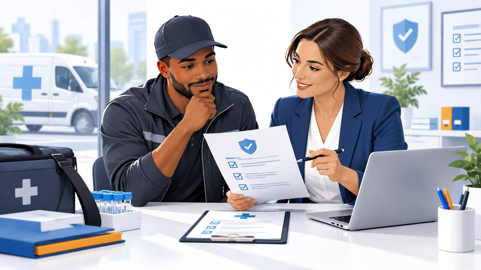 Illustration of a medical courier and insurance agent reviewing a coverage checklist together at a desk
