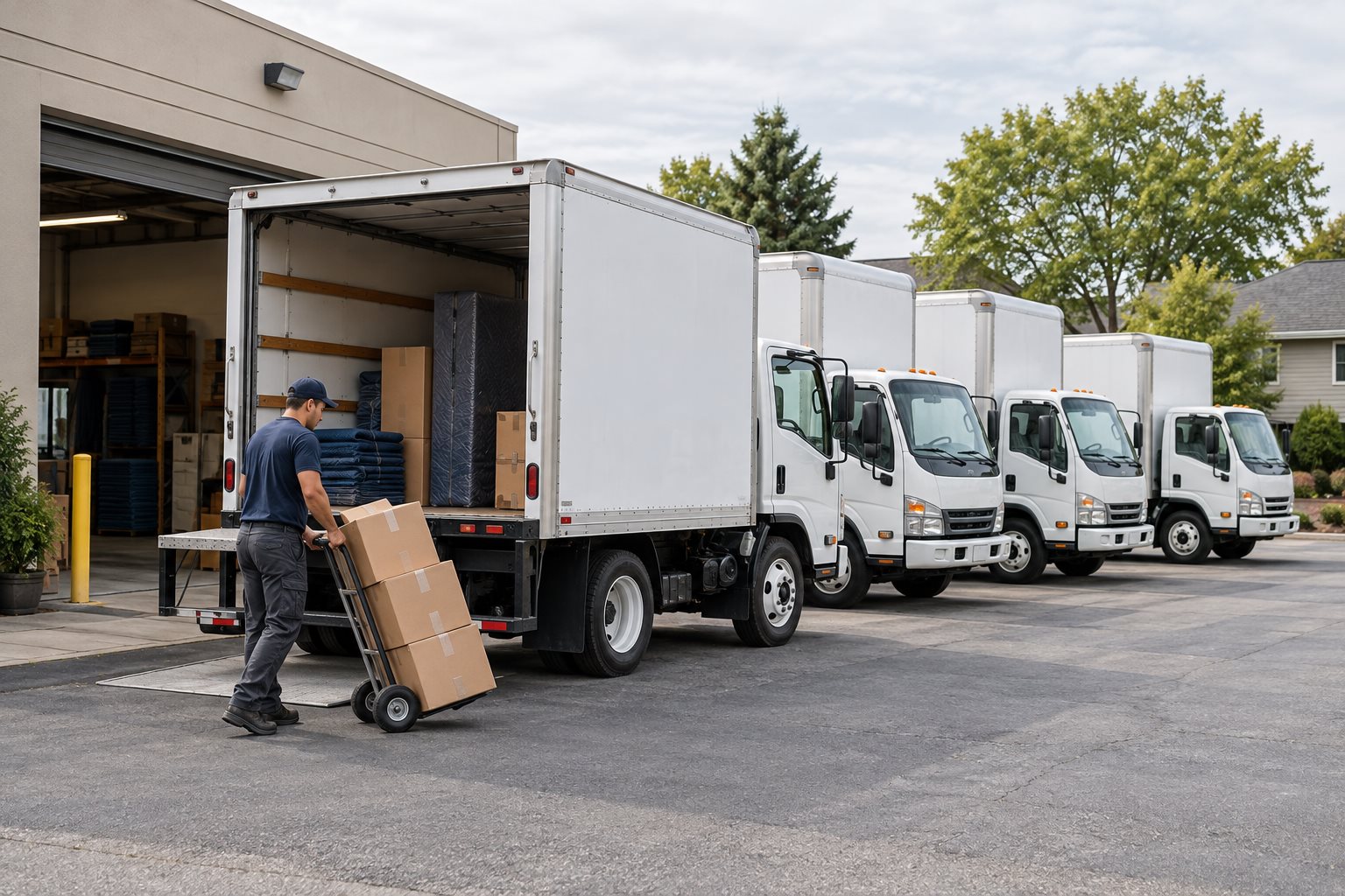A small fleet of white box moving trucks outside a moving-company depot