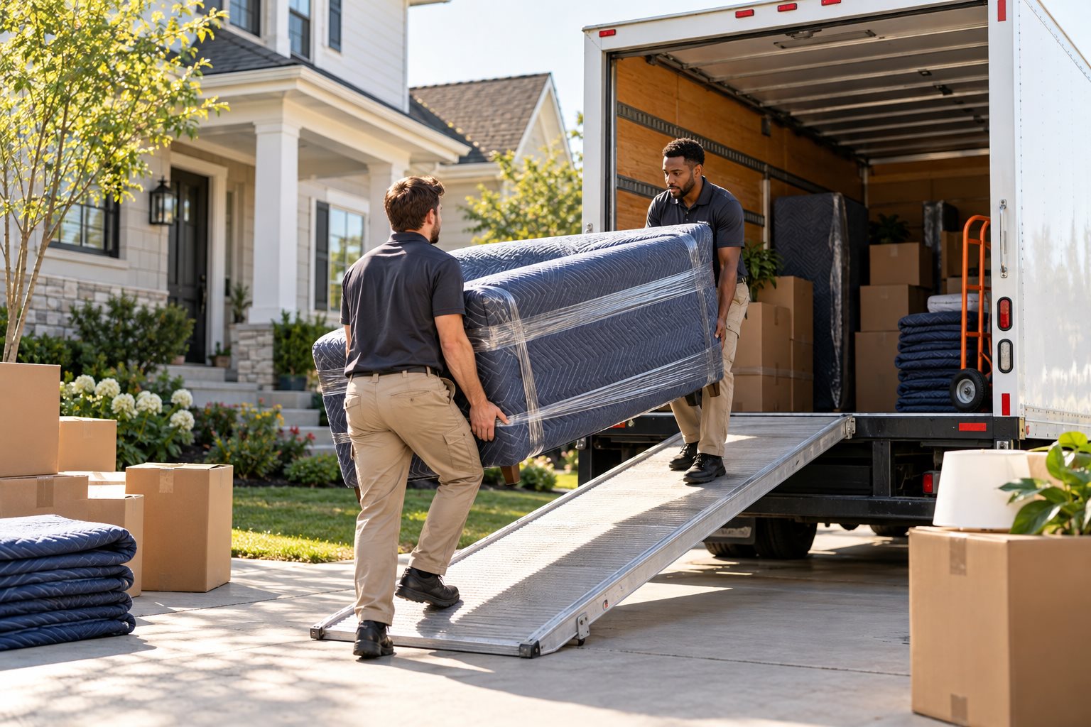 Two movers carrying wrapped furniture toward a box truck outside a home