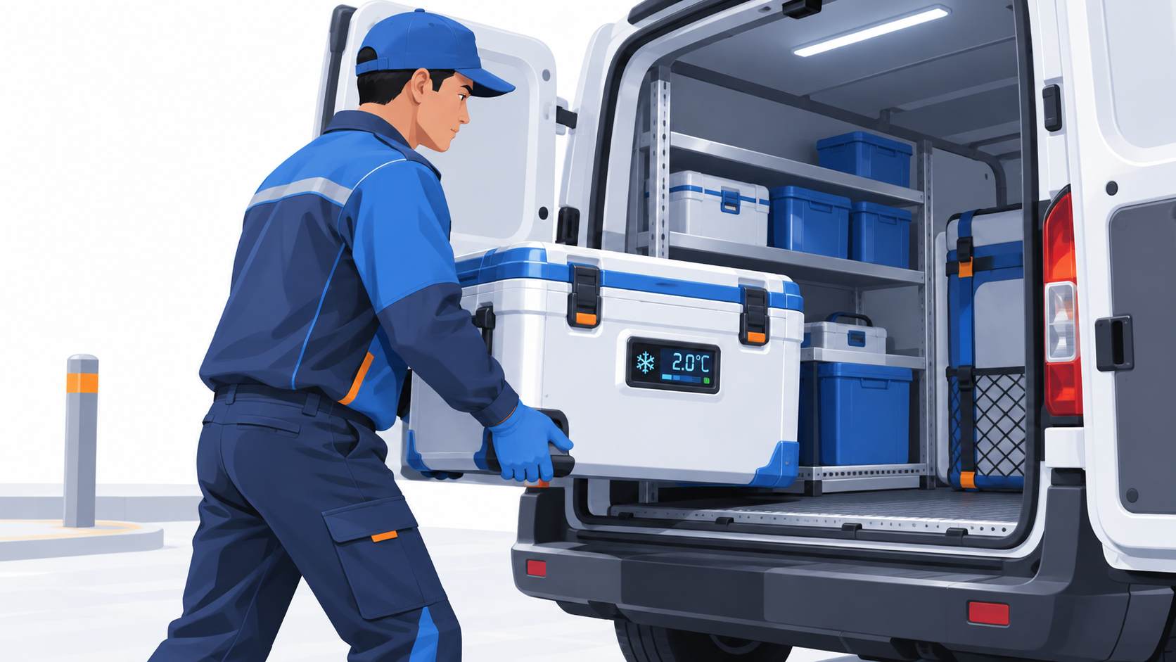 Illustration of a gloved courier loading an insulated container with a digital temperature display into a delivery van