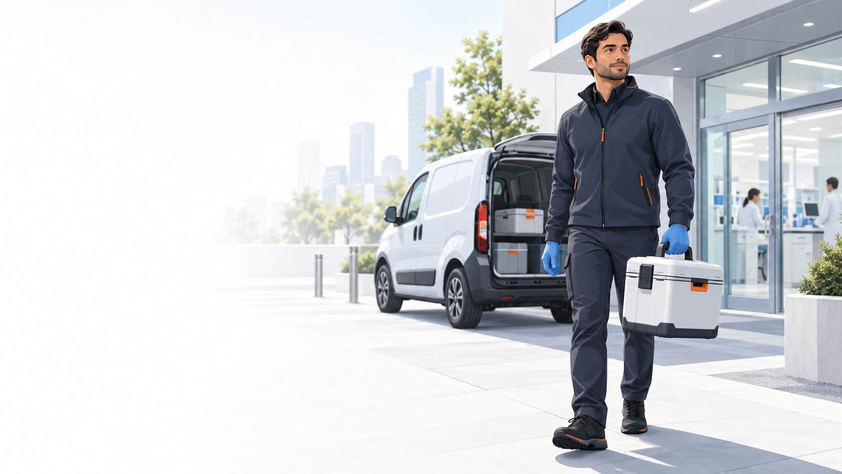 Illustration of a gloved medical courier carrying an insulated case beside a delivery van outside a healthcare facility