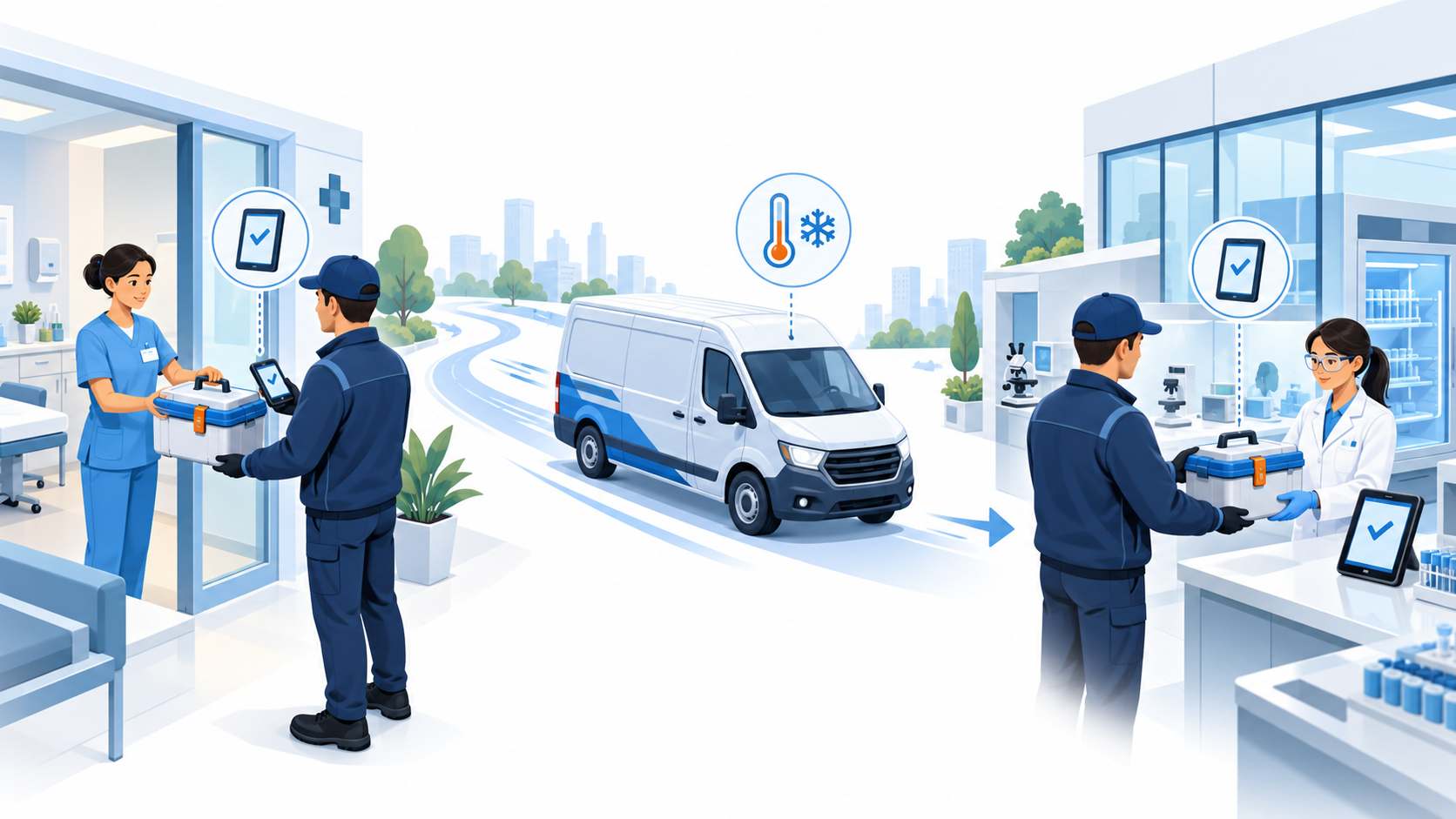 Illustration of medical couriers collecting and delivering insulated containers between a clinic and laboratory, with digital handoff checks